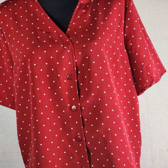 Kathie Lee Collection Vtg Brick Red White Polka Dot Poly Button Up SS Top Sz XL - Picture 6 of 16